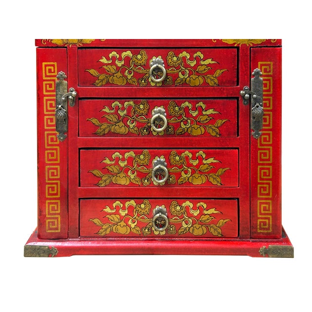 Chinese Oriental Red Flower Birds Mirror Rectangular Jewelry Box For Sale - Image 14 of 14