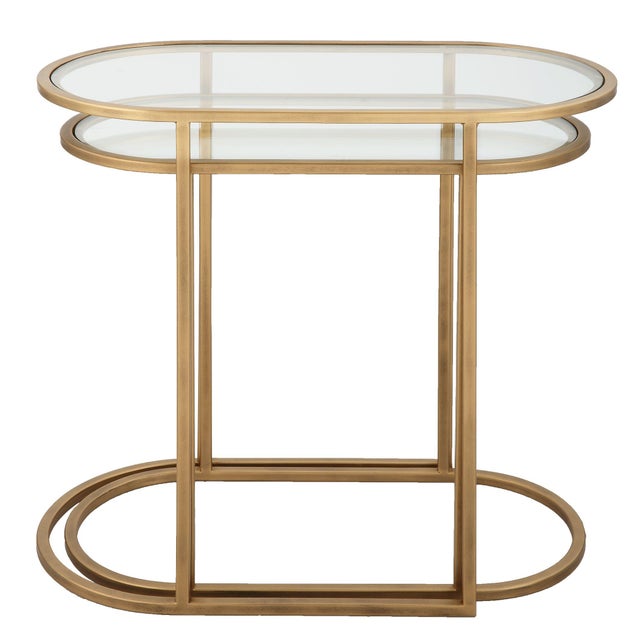 Kenneth Ludwig Chicago Oval Brass & Glass Oval Nesting Tables - Set of 2 For Sale - Image 4 of 5