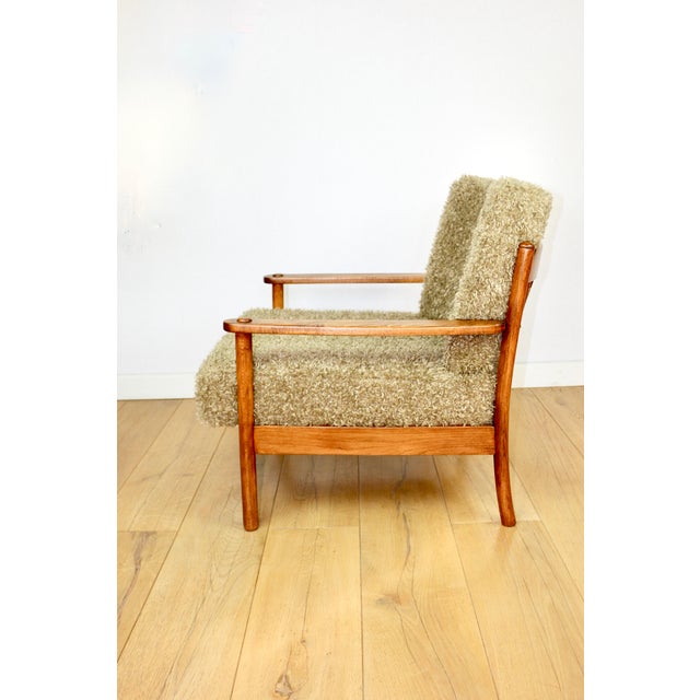 1970s Vintage Wood Lounge Chair with Olive Green Long Pile Upholstery, 1970 For Sale - Image 5 of 13