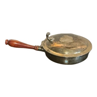 Vintage Silver Plate Covered Serving Dish With Turned Wood Handle & Heraldic Crest For Sale