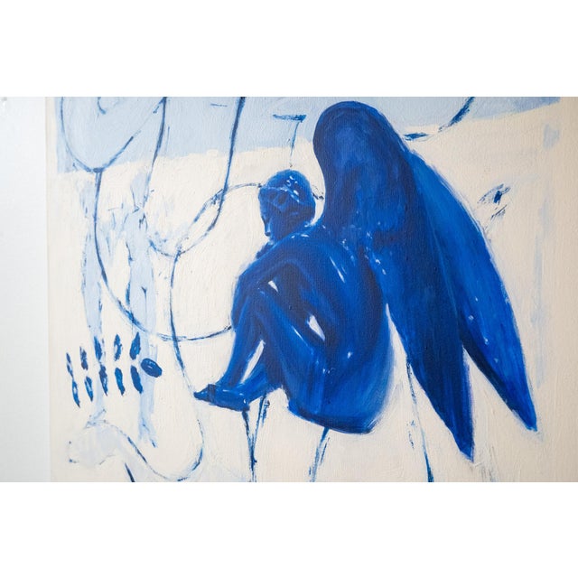 Modern painting featuring figurative subjects and snake like swirls. This piece has a bright saturated blue color paired...