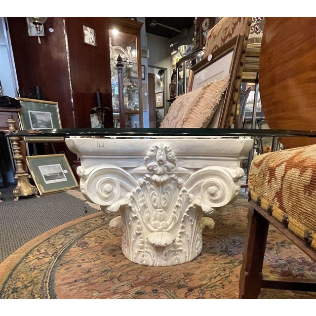 1990s Clear Coated White Plaster Corinthian Column Bevelled Glass Top