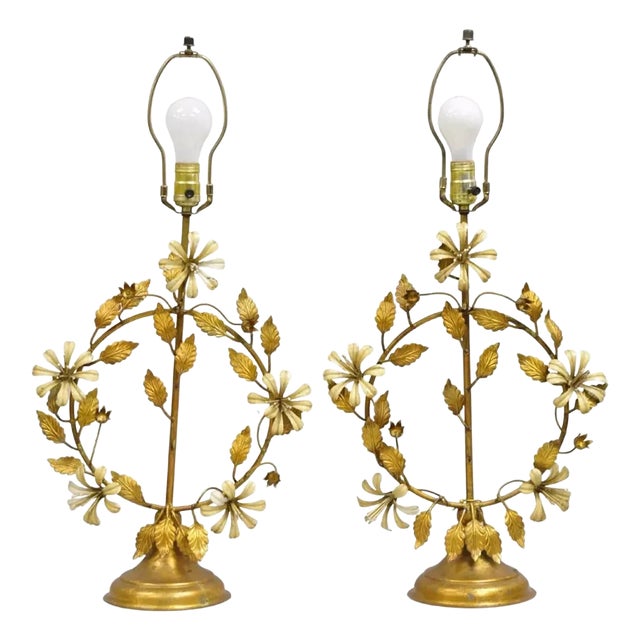 Vintage Italian Hollywood Regency Gold Gilt Iron Tole Metal Table Lamps - A Pair For Sale