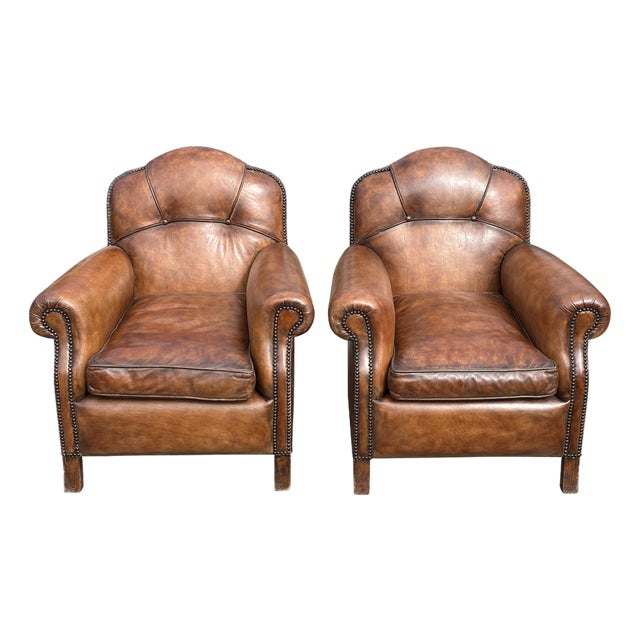 Vintage French Leather Club Chairs, 1960, Set of 2 For Sale