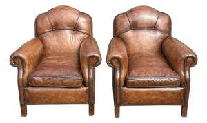 Vintage French Leather Club Chairs, 1960, Set of 2