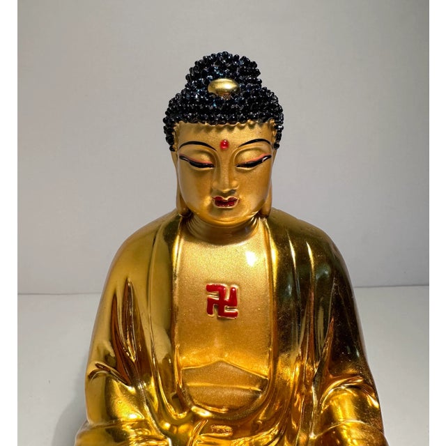 Vintage Gold Gilt Cast Resin Sculpture of a Seated Buddha Manji Symbol For Sale - Image 4 of 8
