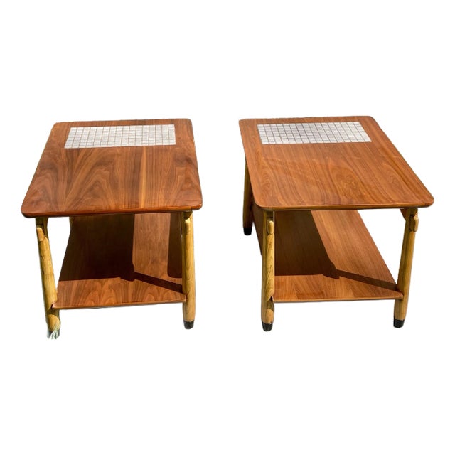 Lane "Monte Carlo" Walnut & Tile Inlay End/Side Tables 1960s Pair Mid-Century Modern For Sale