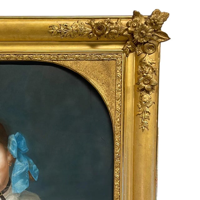 Blue Antique 19th Century Swiss School Pastel Portrait Painting Beautiful Young Girl, Attributed to Albert Anker, Circa 1870 For Sale - Image 8 of 12