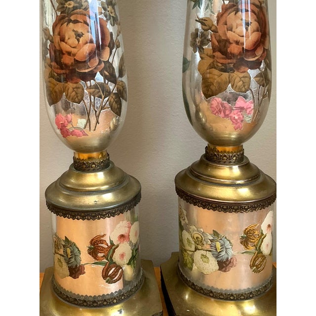 Gold Vintage Italian Eglomise Rose Lamps - A Pair For Sale - Image 8 of 12