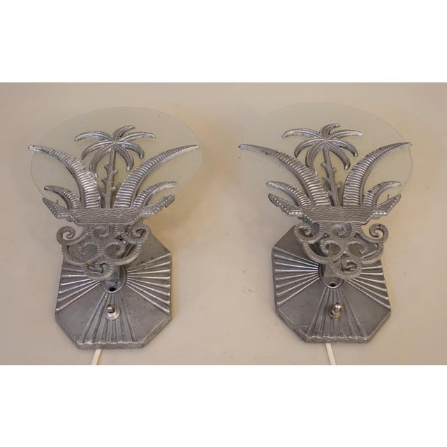 Rare Matched Pair French Art Deco Tropic Palm Aluminum Glass Wall Sconce Lamps 1920's For Sale - Image 4 of 13