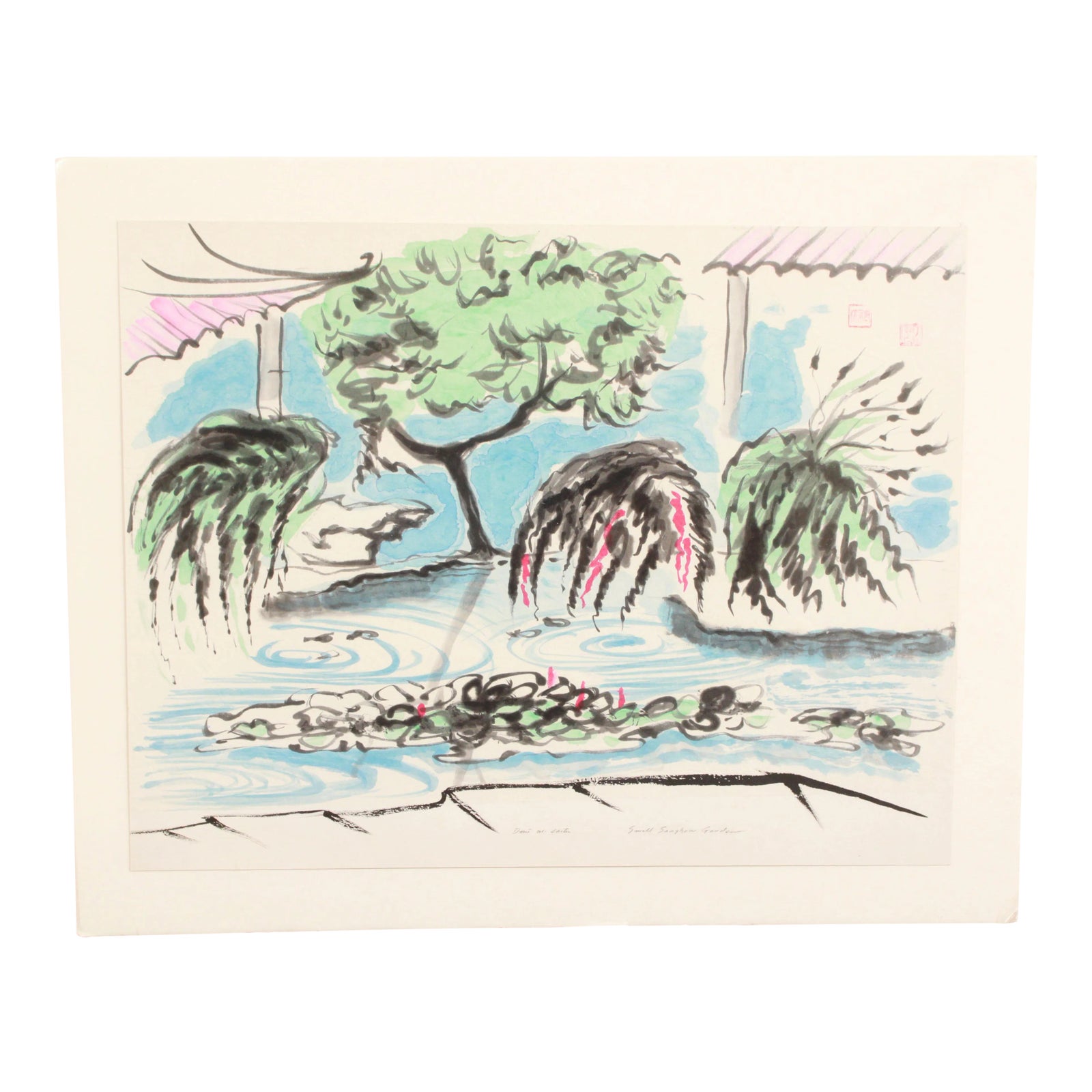 Modernist Asian Pond Watercolor on Paper Painting by Doris M. Carter