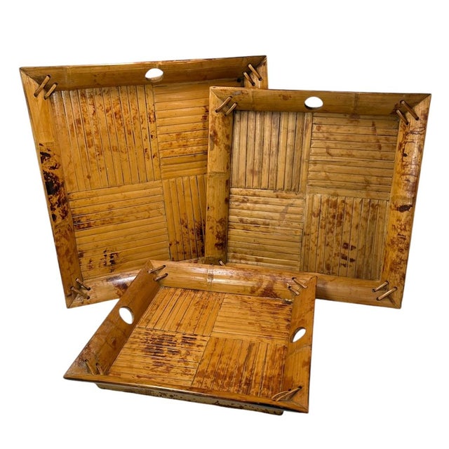 Mid-Century Modern 1960s Vintage Bamboo Serving Trays- Set of 3 For Sale - Image 3 of 9