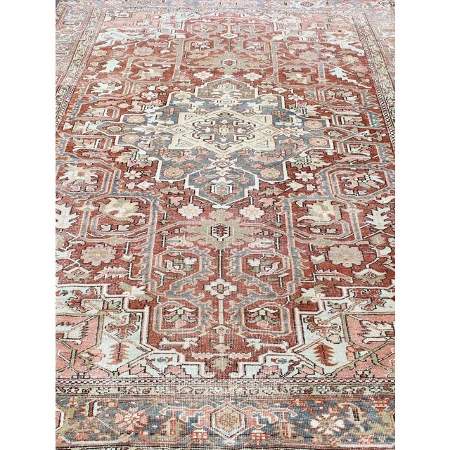 1920s Persian Heriz With Geometric Medallion in Soft Red, Gray Blue With Soft Greens 7'6 X 10'8 For Sale - Image 5 of 13