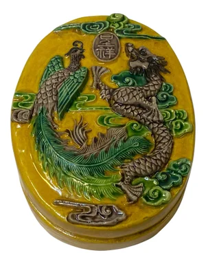 Chinese Yellow Mustard Ceramic Phoenix Dragon Ink Well Dipping Display
