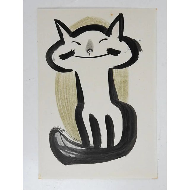 Vintage mid 20th century pen and ink on paper drawing of an very happy smiling cat. Unsigned, from the estate of Albert...