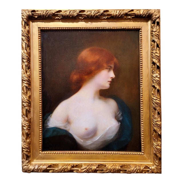 Henri Rondel -Portrait of a Seminude Red Haired Beauty-19th Century Oil Painting For Sale