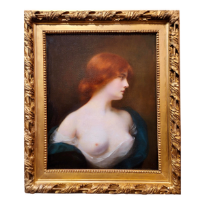 Henri Rondel -Portrait of a Seminude Red Haired Beauty-19th Century Oil Painting