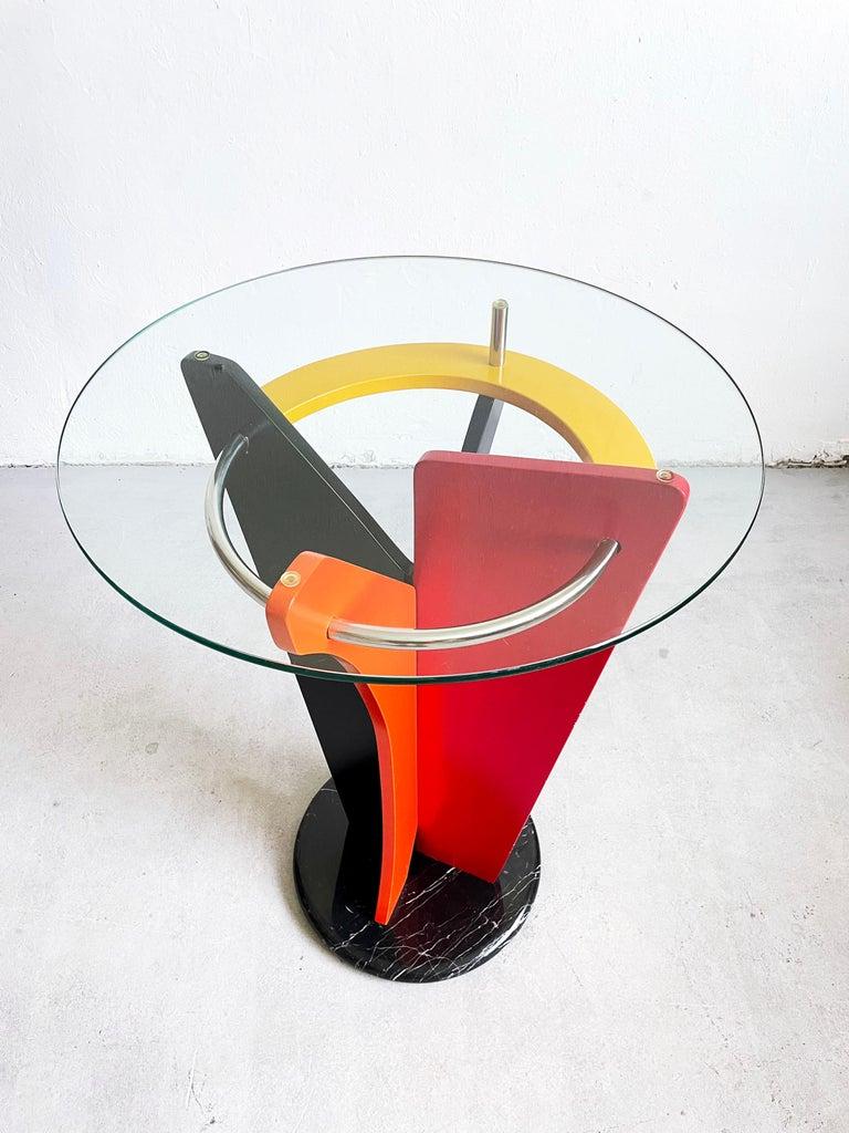 Colonne/guéridon Memphis / Postmodern – Marbre Et Verre – Années 80 – Reconditionné