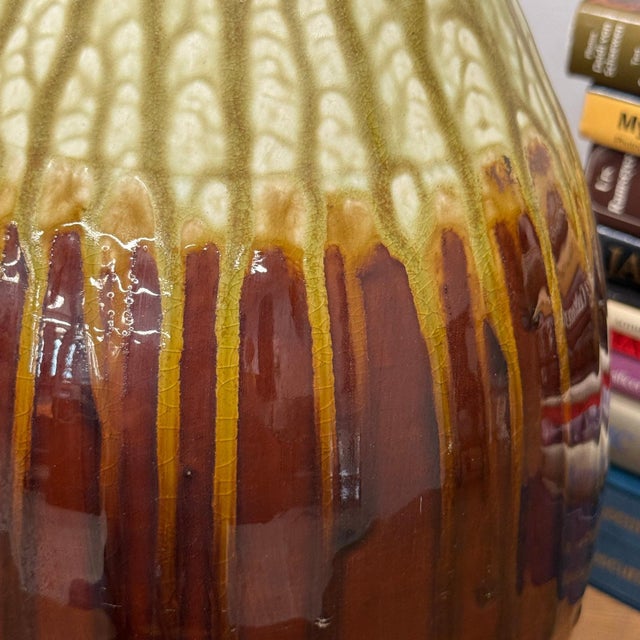 Amber Brown Vase with Cream and Gold Drip Glaze Finish For Sale In New York - Image 6 of 8
