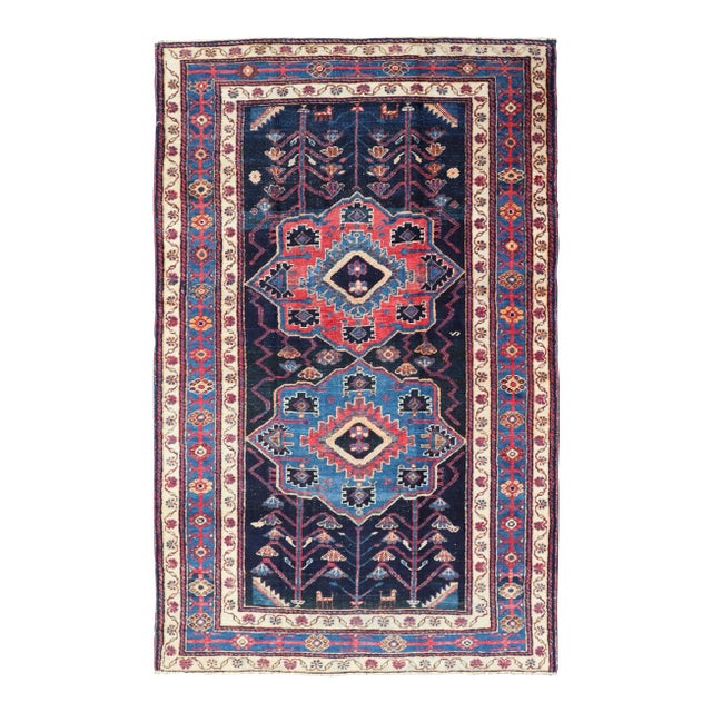 Antique Persian Kurdish Tribal Rug in Sub-Geometric Medallion Design 4'5 X 7'8 For Sale