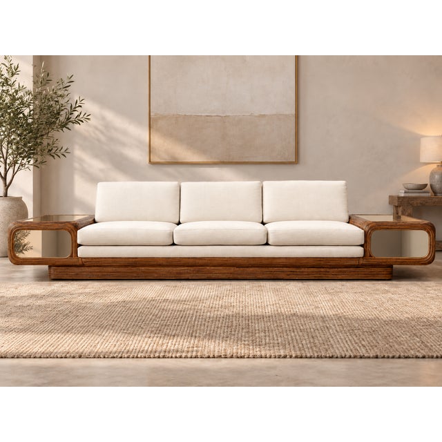 1970s Designer Sofa with Floating Side Tables, Split Pencil Reed design with Mirror glass on the side tables. Very unique...