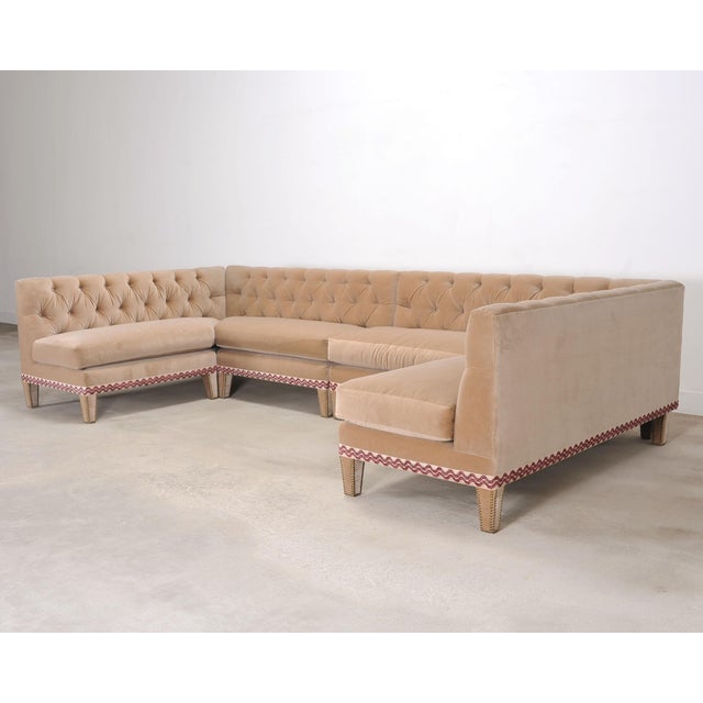 2000 - 2009 Bespoke Tufted Velvet 4-Piece Banquette Sectional Sofa 12 Ft For Sale - Image 5 of 18