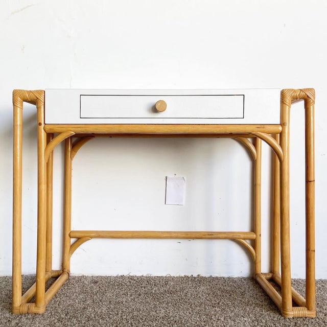 Boho Chic White Matte Laminate Bamboo Rattan Desk | Chairish