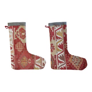 Christmas Holiday Stockings Created From a Kilim Turkish Rug - Set of 2 For Sale