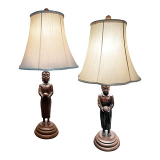 1970s Hand Carved Balinese Figural Table Lamps in the Style of James Mont - A Pair For Sale