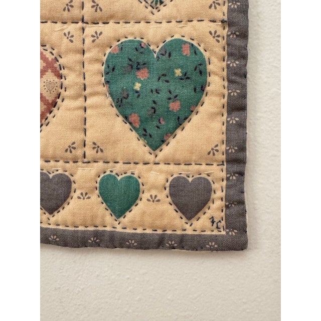 Pair of Vintage American Folk Art Hearts & Bears Quilted Textile Art, Dusty Pink, Baby Blue, Off-White For Sale - Image 9 of 12