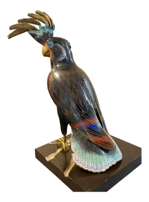 Vintage Chinese Cloisonne Cockatiel Parrot Bird on Custom Stand