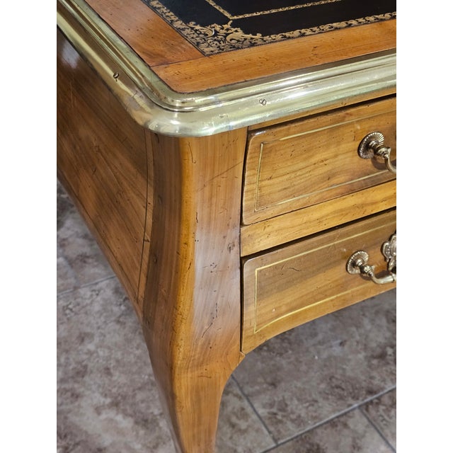 French Louis XV Style Bureau Plat Desk With Leather Top and Brass Edging For Sale - Image 10 of 13