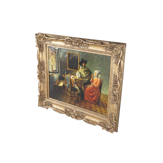 Realism Late 20th Century The Glass of Wine Dutch Oil Painting After Johannes Vermeer Canvas Framed For Sale - Image 3 of 11