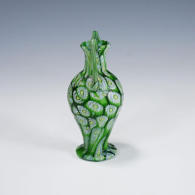 Antique Millefiori Vase Green with Handles, Fratelli Toso Murano ca. 1920s A colorful millefiori murrine glass vase...
