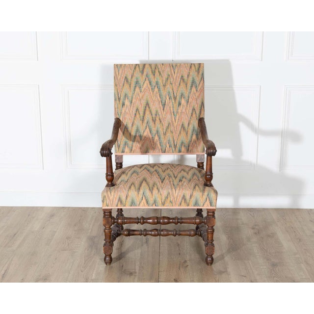 Wood Mid 20th Century Pair of Louis XIII Style Oak Armchairs with Upholstered Backs and Seats For Sale - Image 7 of 11