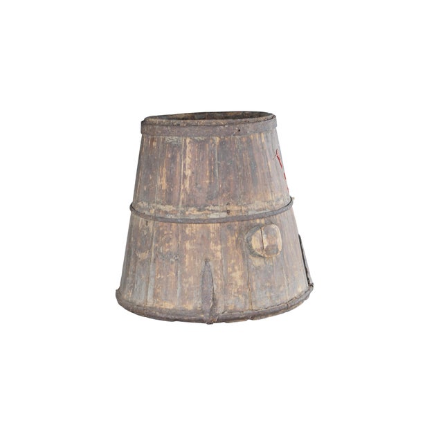 Chinese Shanxi barrel form banded iron wooden rice measure, bucket or basket. Aged with rustic patina and wax import...