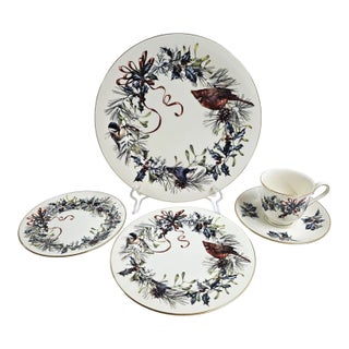 1990s Lenox Winter Greetings 5p Place Setting Dinner Salad Bread Plate Cup Saucer For Sale