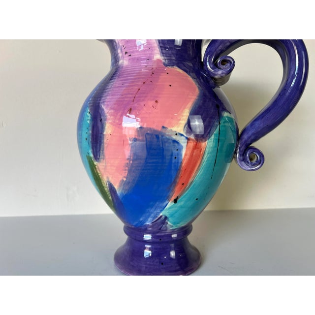 Mid-Century Modern 80's Vintage Art Hand Painted Abstract Pattern Decorative Ceramic Pitcher Vase For Sale - Image 3 of 13