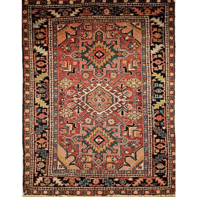 Vintage Persian Heriz Karajah Rug, Hand-Knotted Wool, Geometric Pattern, Rust-Red & Navy, 4x5 For Sale - Image 11 of 18