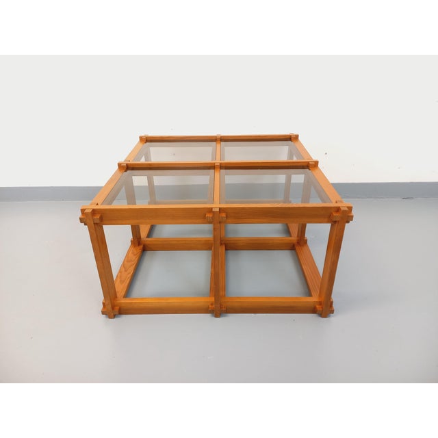 Mid-Century Modern Vintage Square Coffee Table in Pine and Smoked Glass, 1970s For Sale - Image 3 of 18