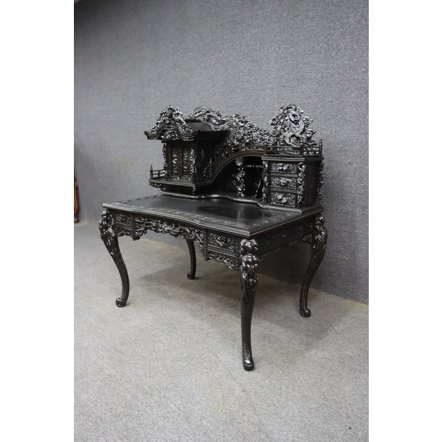 Highly Carved Chinese Dragon Black Lacquer Writing Desk / Secretary Desk For Sale - Image 4 of 15