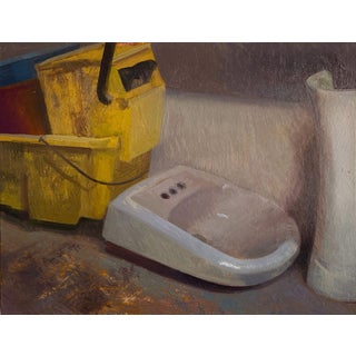 Mop Room by Brad Davis | Oil Painting of a yellow mop bucket and a white sink For Sale