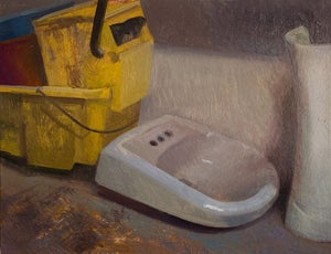 Mop Room by Brad Davis | Oil Painting of a yellow mop bucket and a white sink