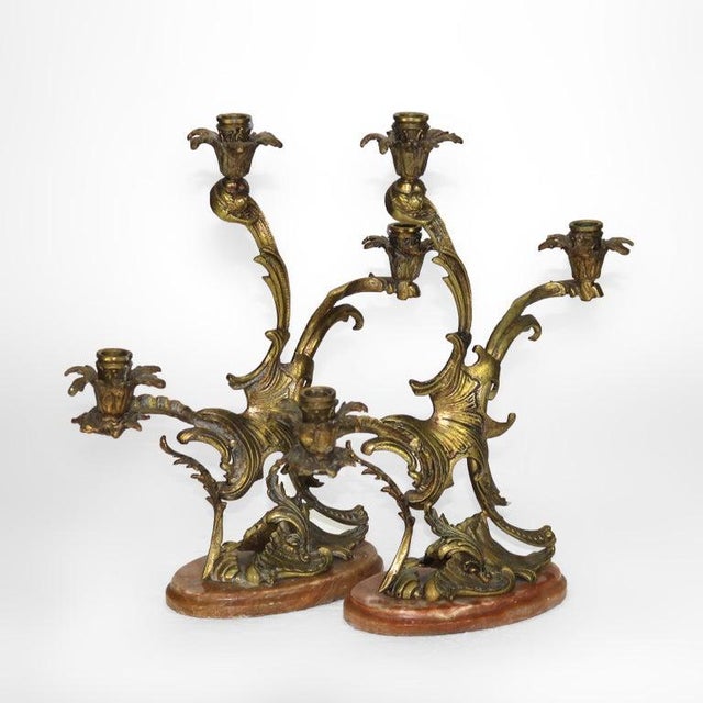 Pair of Antique French Rococo Bronze Candelabras With Marble Bases C1890 For Sale - Image 4 of 12