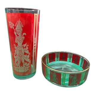 1970s Asian Culver Thai Goddess Glass and Bowl Pair For Sale