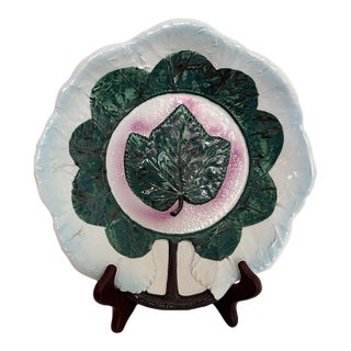 Vintage Italian Majolica Hand-Painted Grape Leaf Plate For Sale
