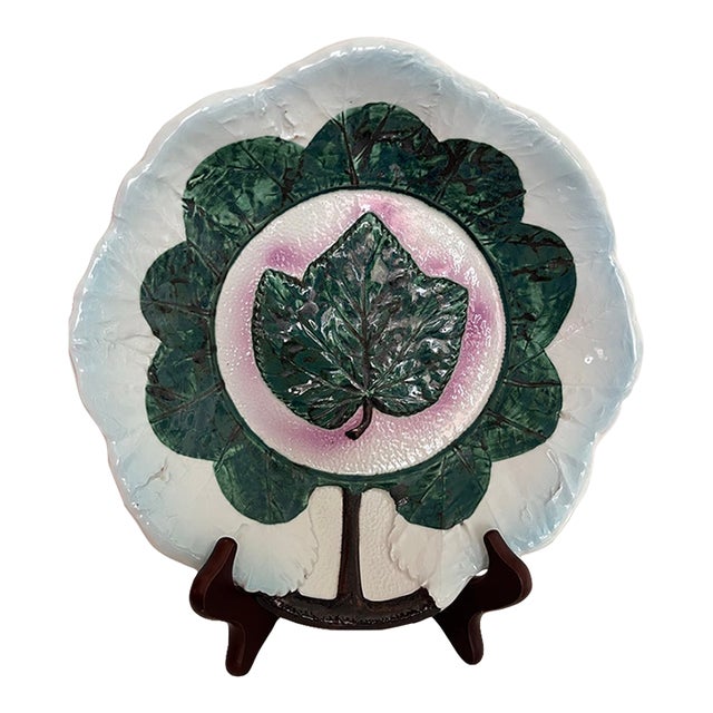 Vintage Italian Majolica Hand-Painted Grape Leaf Plate For Sale