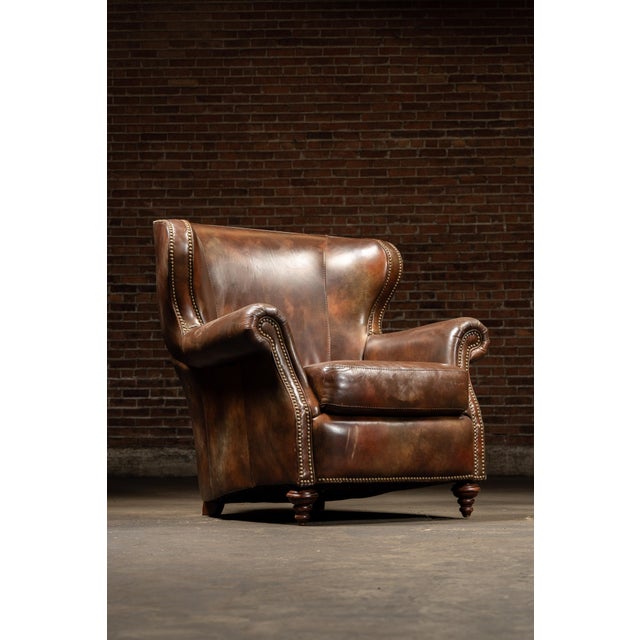Late 20th Century Vintage Wingback Leather Chair With Pillow, Ottoman by Walter E. Smithe For Sale - Image 5 of 18