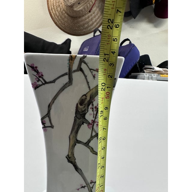 Tall Ming Village Four-Sided Hand-Painted Chinese Porcelain Crane & Blossom Vase, 21" For Sale - Image 17 of 18