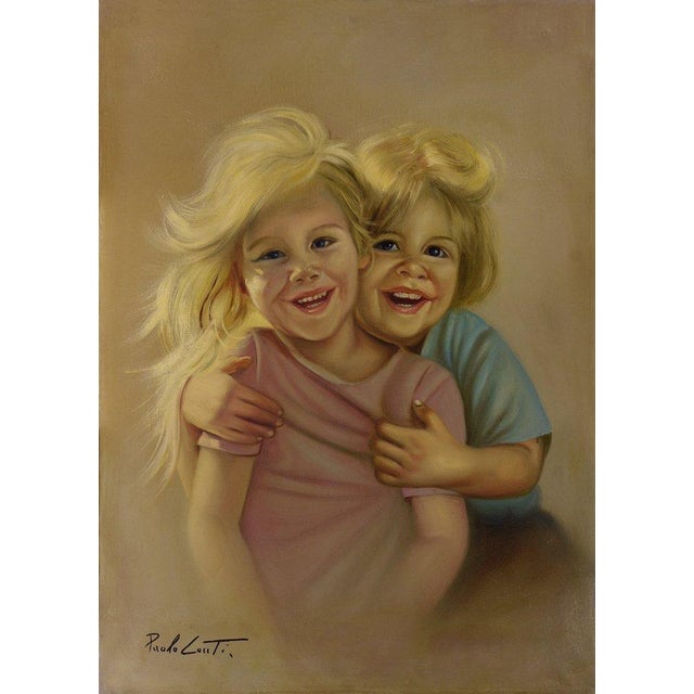 This charming oil on canvas by Italian painter Paolo Conti captures the spontaneous joy and affection shared between two...